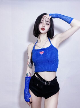 新款DS演出服女dj爵士舞gogo服装B组领舞服性感蓝色吊带背心套装