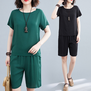 2024夏大码女装纯色棉绸套装女短袖上衣+五分裤人造棉休闲两件套