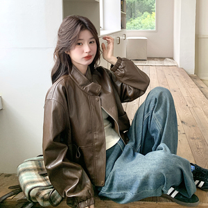 咖色复古皮衣外套女短款2025春季新小个子炸街宽松百搭机车服夹克图片