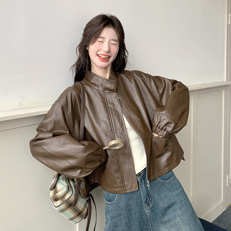 咖色复古皮衣外套女短款2025春季新小个子炸街宽松百搭机车服夹克图片