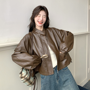 咖色复古皮衣外套女短款2025春季新小个子炸街宽松百搭机车服夹克图片