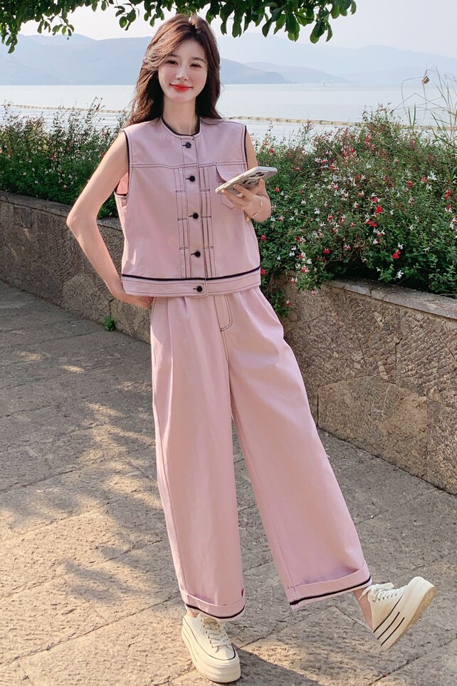 主推！2件套！2025年夏粉色时尚套装牛仔马甲+阔腿裤P175K248,女装套装/套裙,2C320