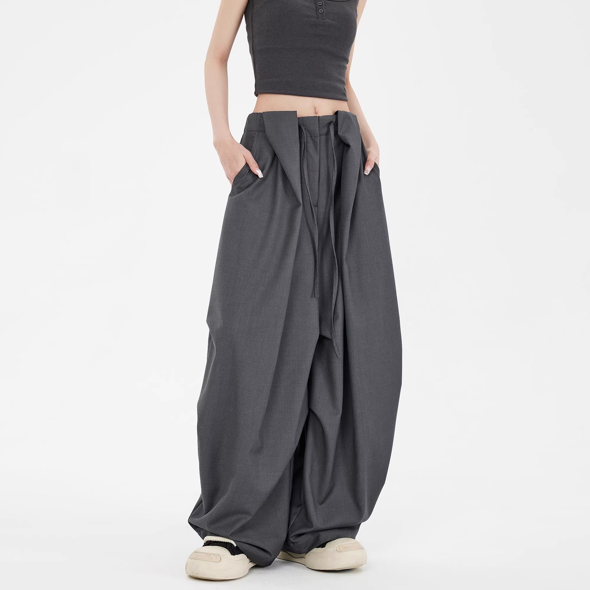 设计感绑带高腰灰色休闲裤女春季炸街工装裤时尚百搭宽松阔腿长裤,女装/女士精品,休闲裤,淘宝优惠券,粉丝福利购,淘宝优惠卷