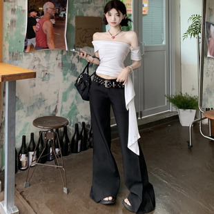 黑色微喇叭裤女秋季辣妹显瘦垂感长裤低腰西装休闲裤时尚拖地裤子