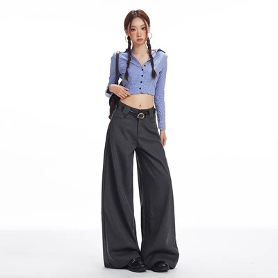 灰色西装裤女春季高级感垂感低腰休闲裤加绒加厚宽松毛呢阔腿长裤