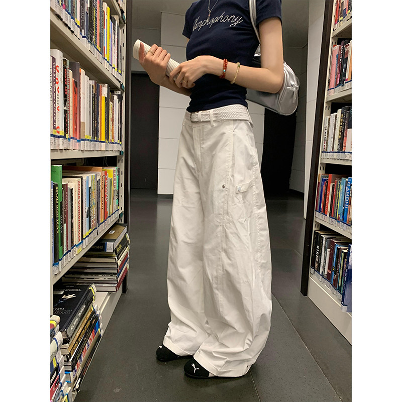 时尚白色工装长裤女夏季垂感高腰长裤美式百搭宽松阔腿裤子拖地裤图片