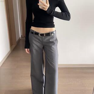 时尚加厚灰色中腰休闲裤女春季辣妹西装长裤显瘦微喇叭裤子拖地裤