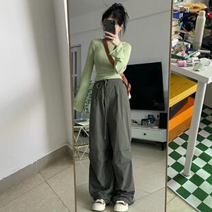 美式炸街工装长裤女秋抽绳高腰休闲裤时尚宽松阔腿裤子直筒拖地裤