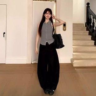 简约韩系黑色休闲裤女春季垂感高腰加绒加厚西装长裤宽松直筒裤子