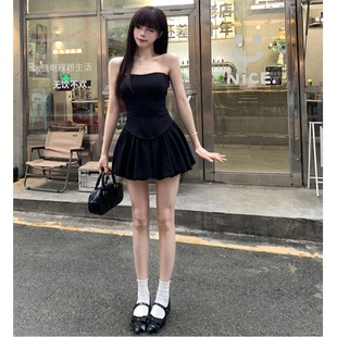 性感露背黑色鱼骨收腰抹胸背心小个子蓬蓬半身裙a字短裙套装女夏