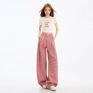 美式慵懒红色格子休闲裤女早春时尚高腰垂感长裤宽松阔腿拖地裤子