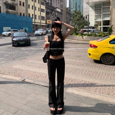 辣妹低腰黑色休闲裤女装夏季性感显瘦西装长裤修身微喇叭拖地裤子