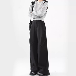 小个子黑色西装裤女春季美式慵慵懒垂感褶皱休闲裤宽松阔腿拖地裤