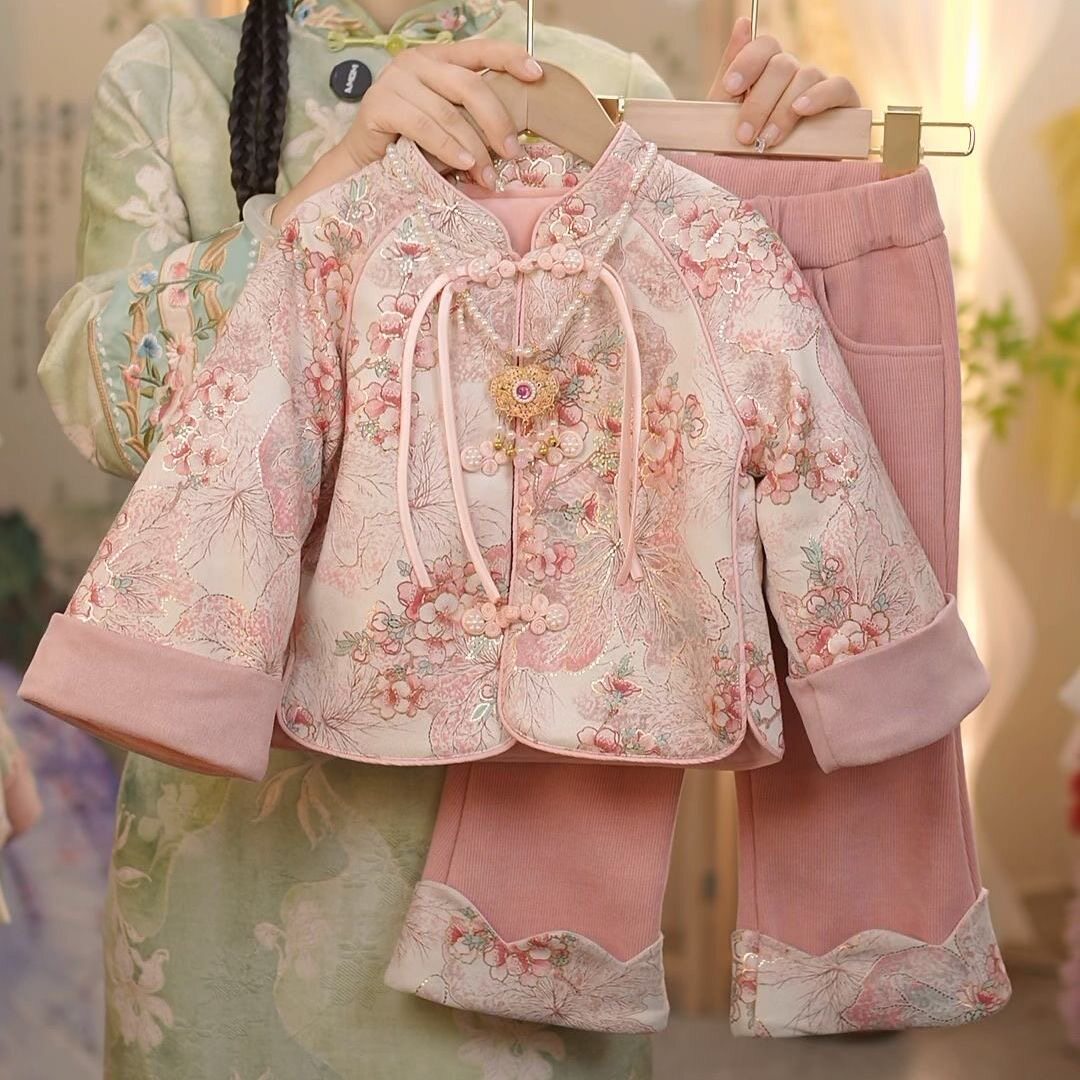 汉服女童新中式唐装秋冬季保暖加绒两件套中国风宝宝拜年服套装
