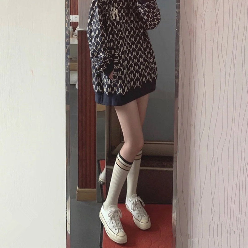 高腰中筒长袜子女春秋款白色棒球运动长筒半腿学生及膝高筒小腿袜