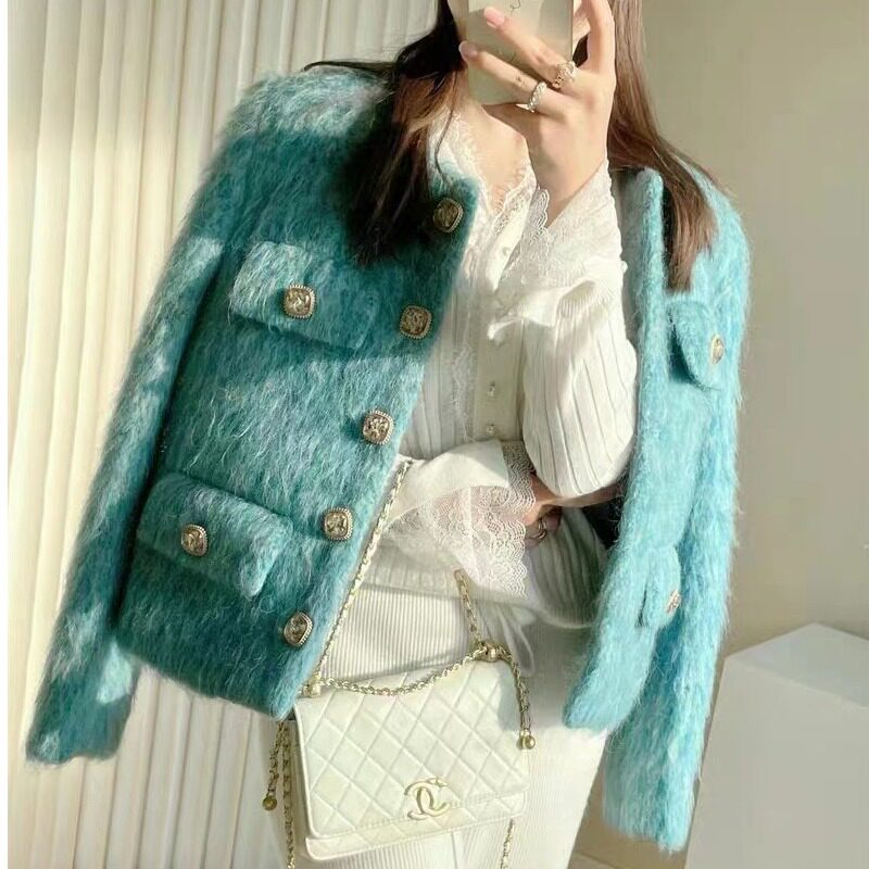 法式高级蓝色小香风外套女春加厚短款名媛宽松仿貂绒毛毛皮草大衣