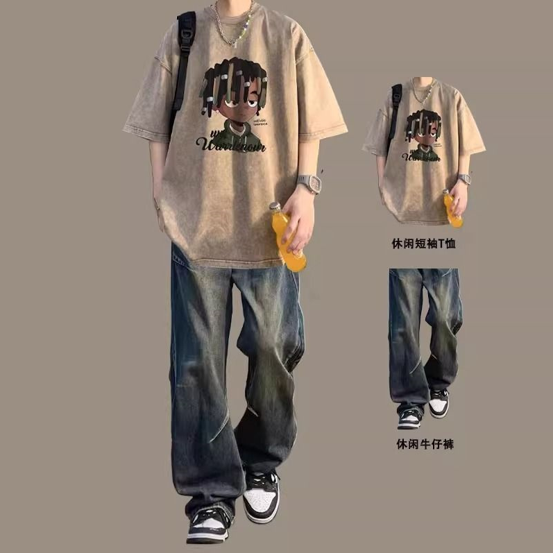 印花短袖T恤夏季青少年休闲运动休闲运动套装