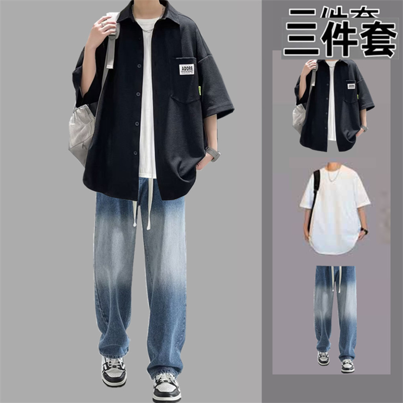 短袖高腰男夏季衬衫休闲牛仔裤套装五分袖时尚男生青少年薄款三件