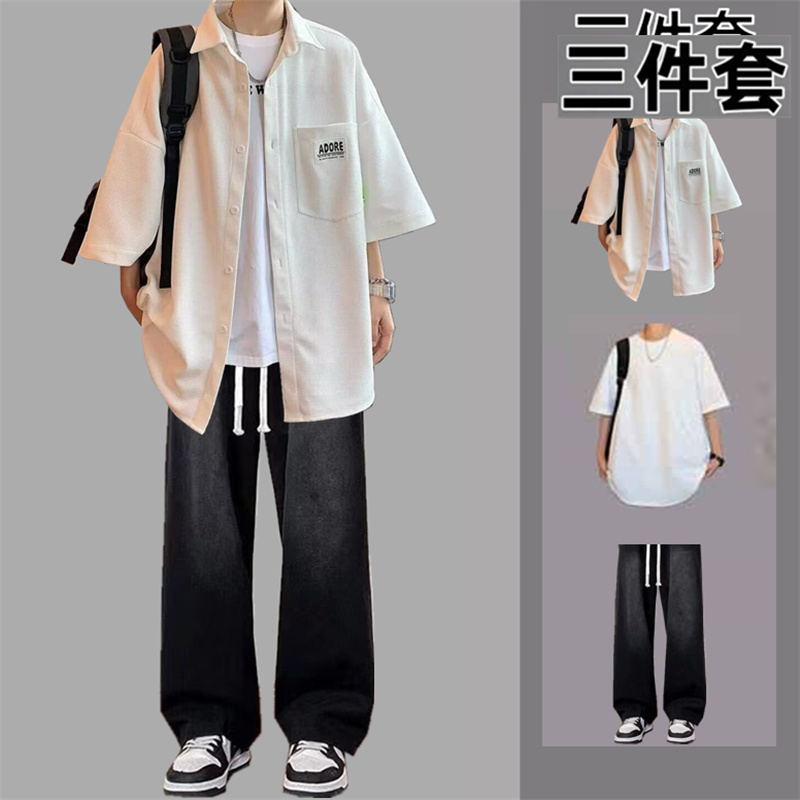 男衬衫圆领短袖夏季休闲牛仔裤套装帅气潮流学生春夏痞帅三件套