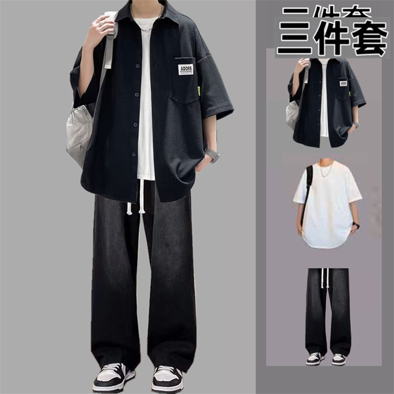 男夏季衬衫痞帅港风休闲牛仔裤套装时尚百搭宽松男士男生学生三件