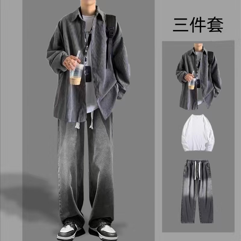 灯芯绒衬衫套装男春秋季潮牌宽松外套搭配帅气牛仔裤潮流三件套