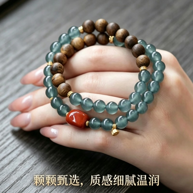 沉香蓝水翡翠双圈佛珠手串女款