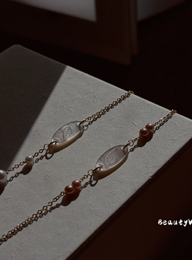 B.V原创“ 粉珠贝叶”天然正圆珍珠粉紫强光母贝温柔气质手链女