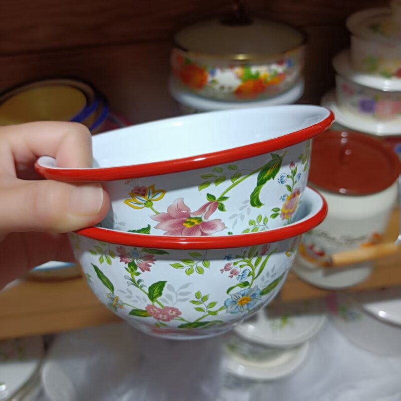 2个小碗新款福利价搪瓷米饭碗家用饭碗珐琅彩小号粥碗5.3英寸铁碗