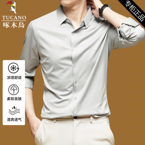 啄木鸟无痕免烫高弹冰丝长袖衬衣