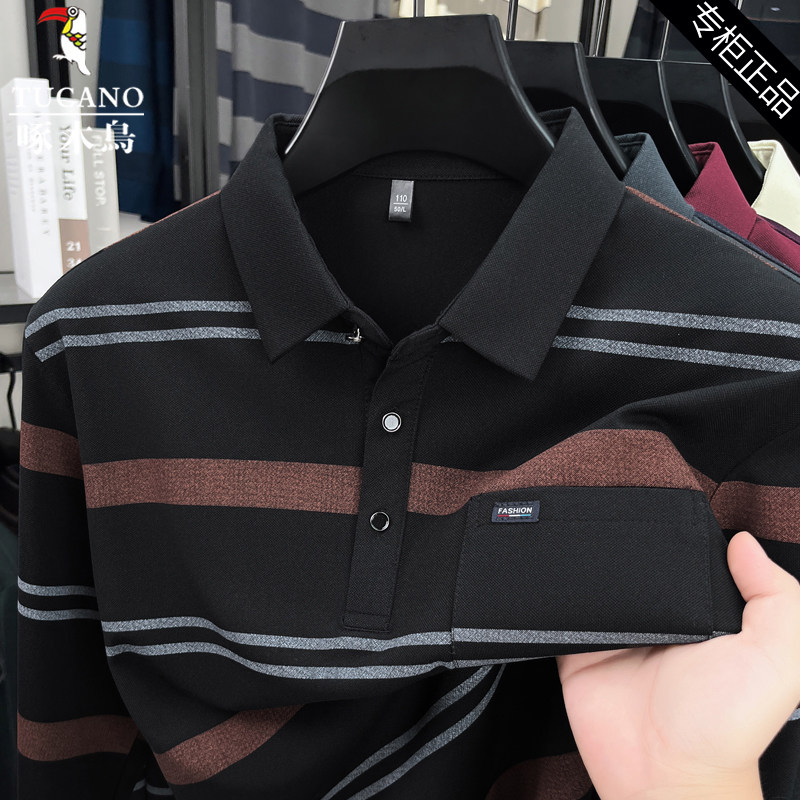 啄木鸟春秋百搭长袖t恤男士中年翻领爸爸装条纹体恤衫有口袋上衣