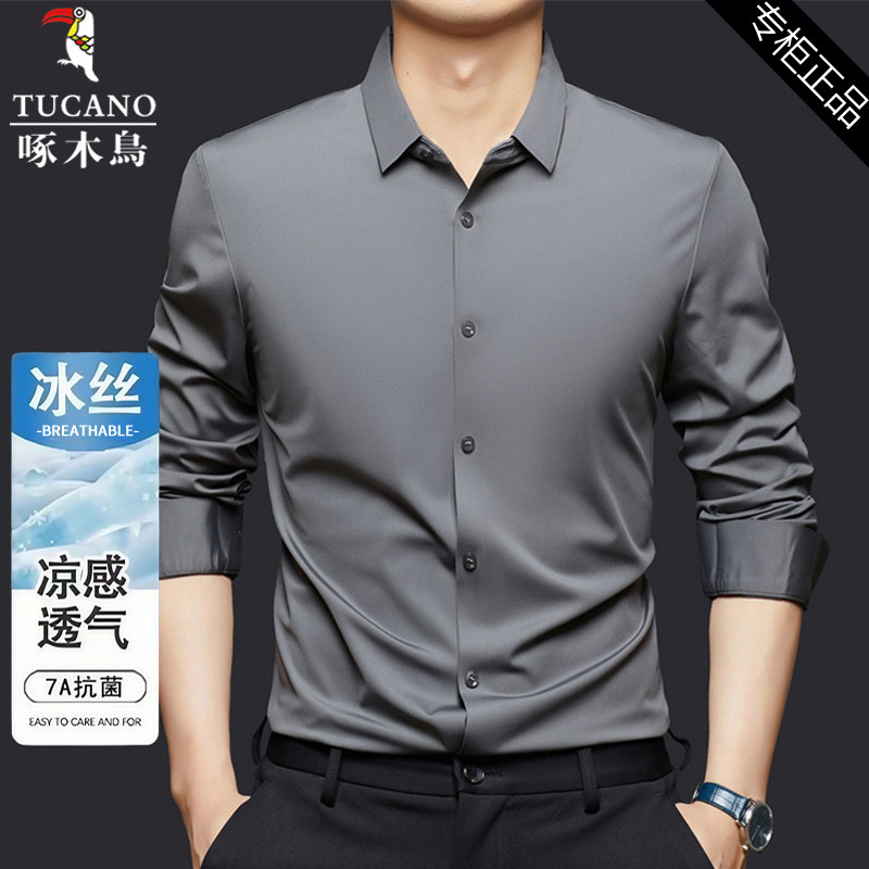 啄木鸟高档无痕衬衫男春秋款中年抗皱免烫纯色衬衣长袖休闲寸衫男