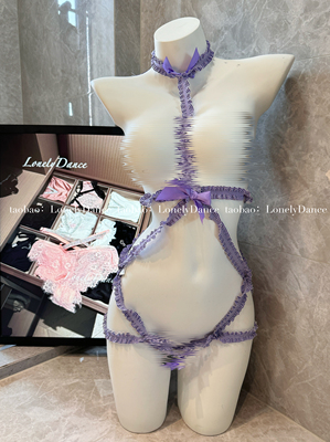 Lonelydance被拿捏*紫色格子挂脖连体衣性感镂空绑带紫色格子睡衣