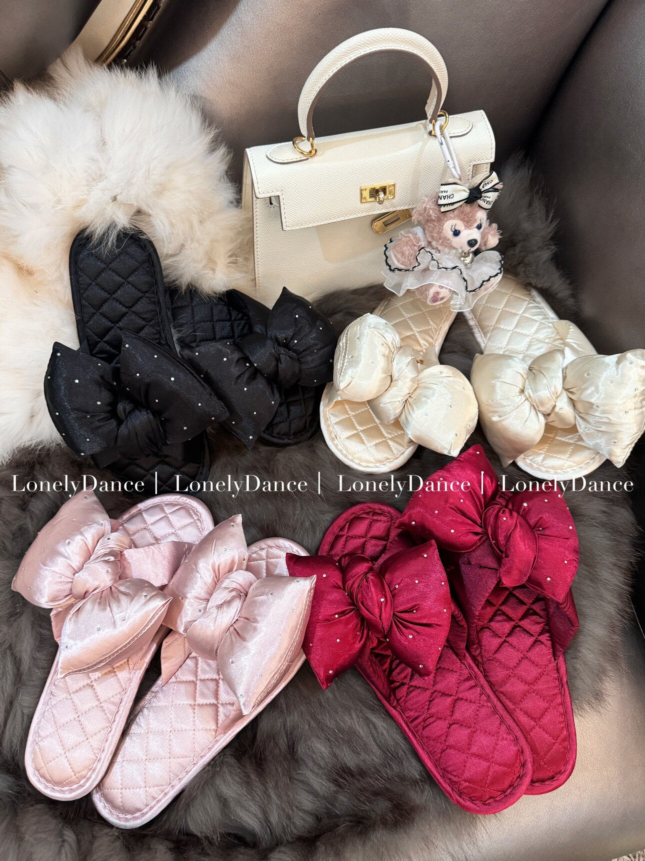 Lonelydance烫钻蝴蝶结*轻奢时尚居家拖鞋缎面ins奢感情侣备婚 - LonelyDance出品