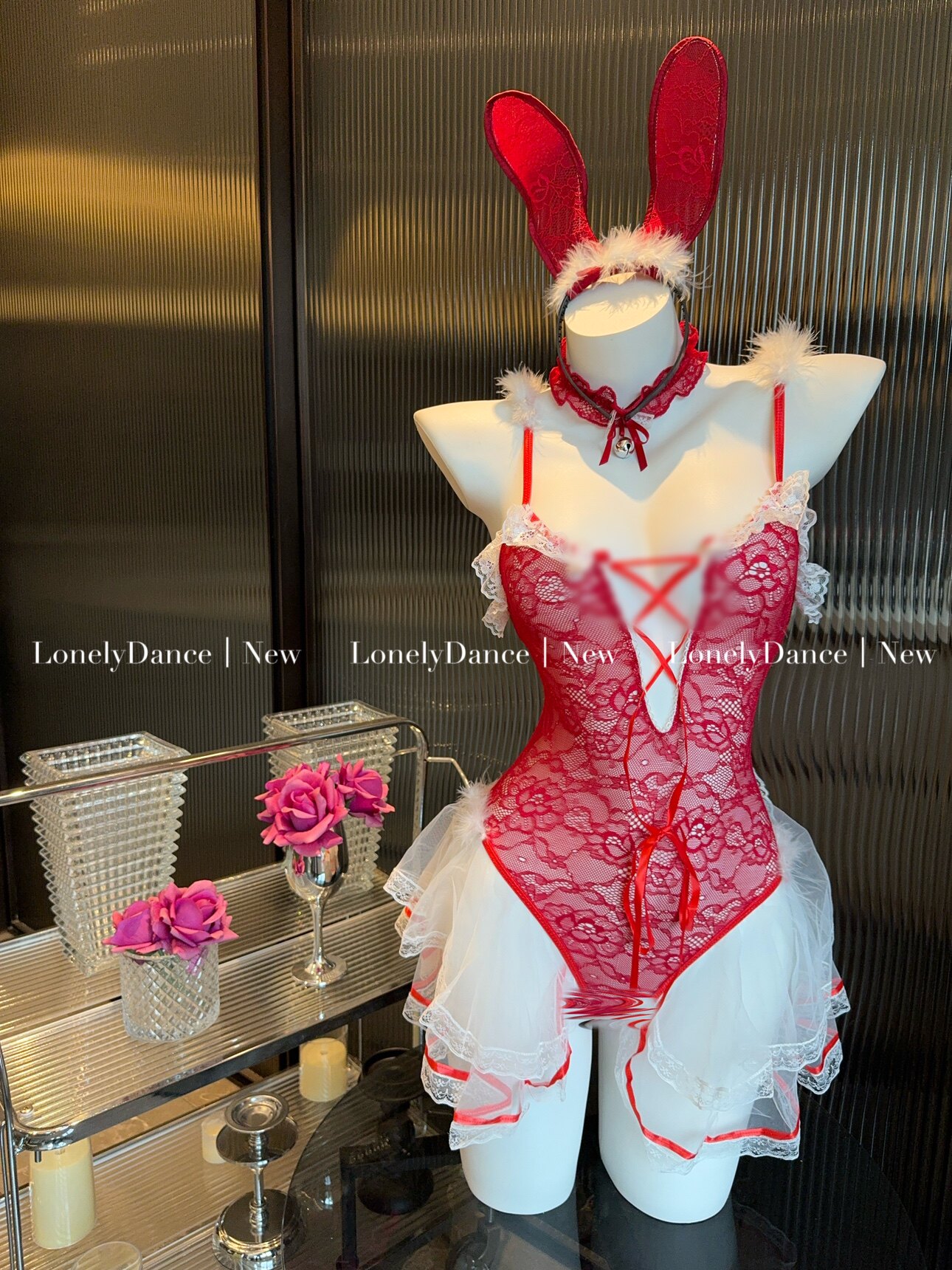LonelyDance兔女郎*性感蕾丝绑带兔女郎连体衣制服免脱圣诞睡衣女