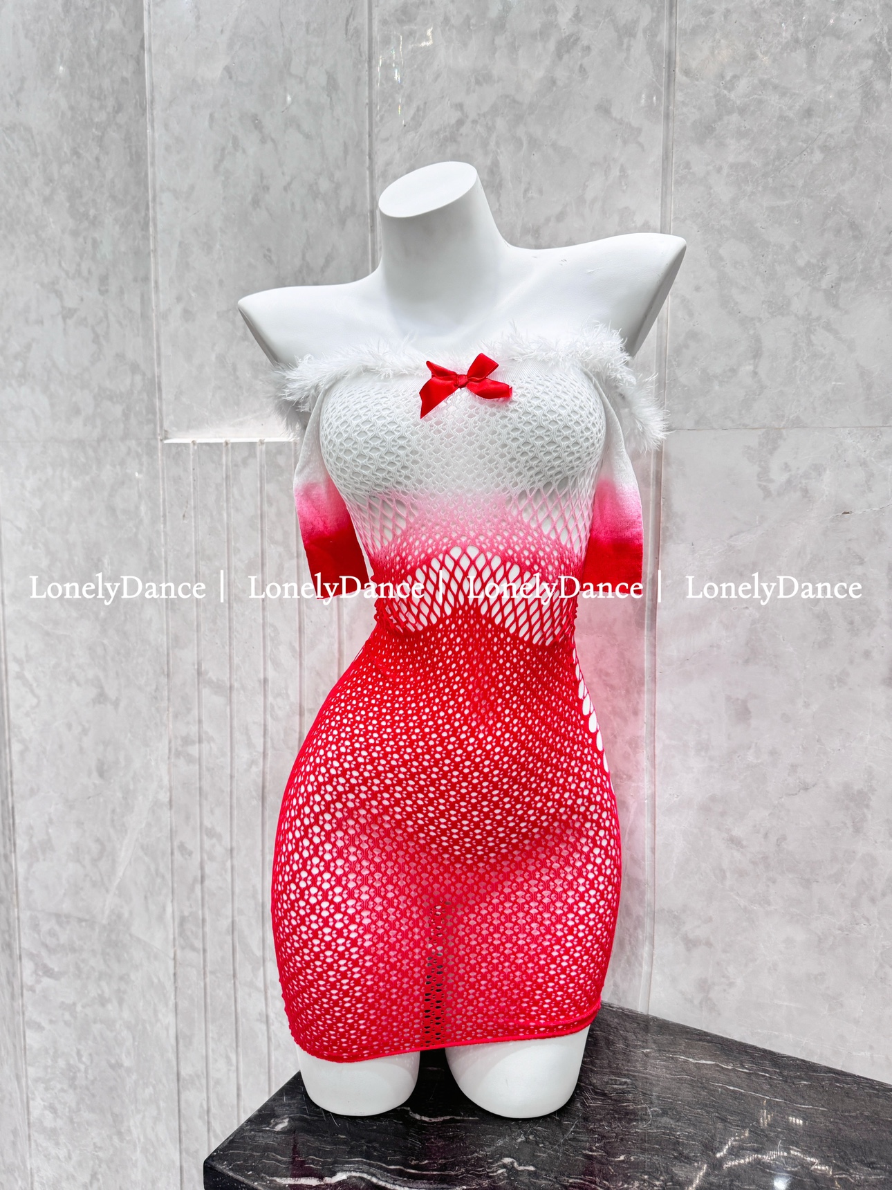 Lonelydance甜茶*性感圣诞辣妹风蕾丝渐变网衣透视挂脖连衣裙女