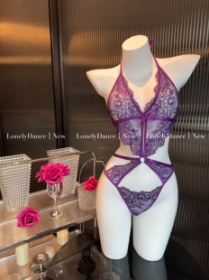 Lonelydance美仑美奂紫*茶艺性感蕾丝透视镂空绑带紫色内衣套装女