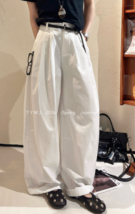 净色简约宽松显瘦腰带洋气阔腿休闲弯刀裤 新款 2026春季 欧洲站女装