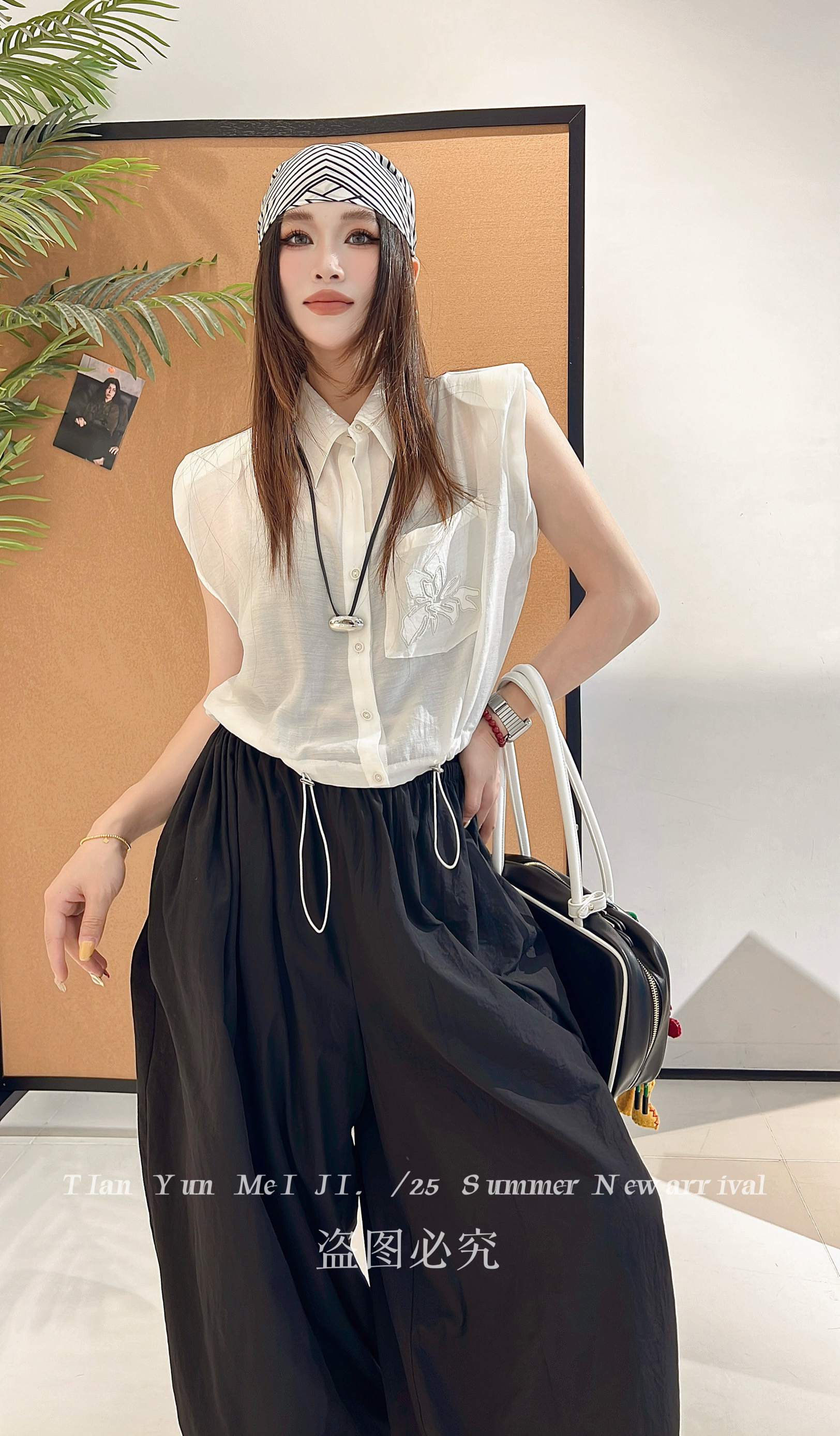欧洲站2025夏季时尚口袋刺绣翻领短款衬衫女下摆抽绳宽松无袖上衣