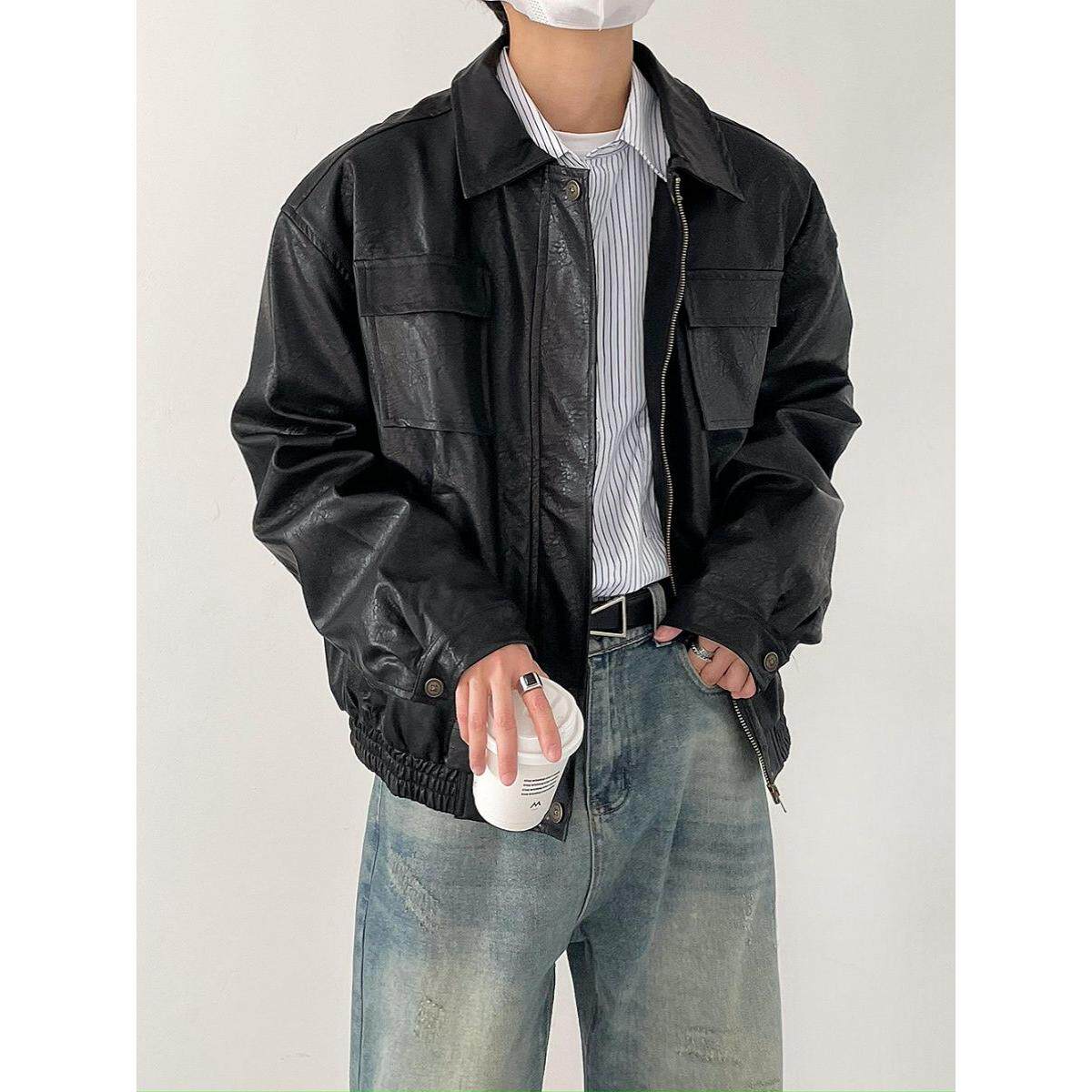 1506A/GW6370/P70痞帅Pu皮衣潮牌垫肩皮夹克男机车服秋冬高街外套图片