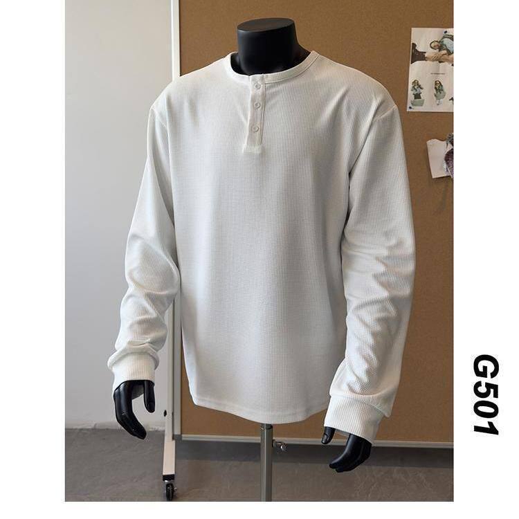 1506A/GWY6040/P38新款亨利领长袖T恤男士百搭宽松复古体恤衫1图片