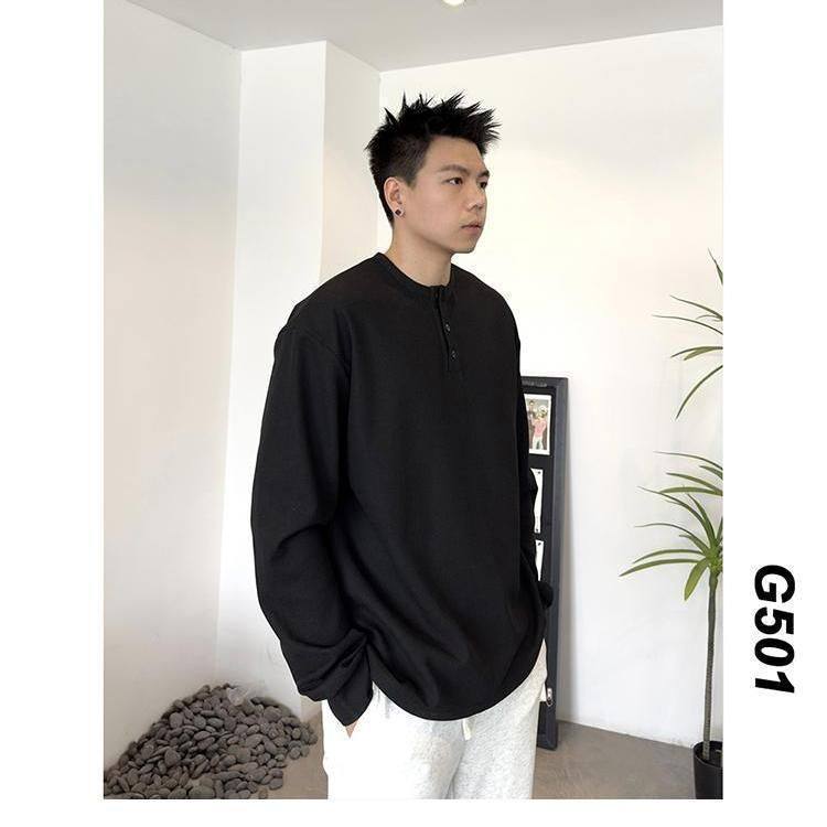 1506A/GWY6040/P38新款亨利领长袖T恤男士百搭宽松复古体恤衫1图片