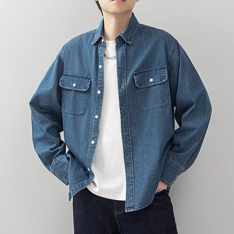 工装双口袋牛仔衬衫长袖百搭宽松廓形休闲衬衣外套,男装衬衫,星座1506A