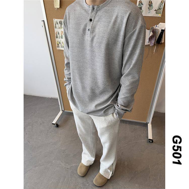 1506A/GWY6040/P38新款亨利领长袖T恤男士百搭宽松复古体恤衫1图片