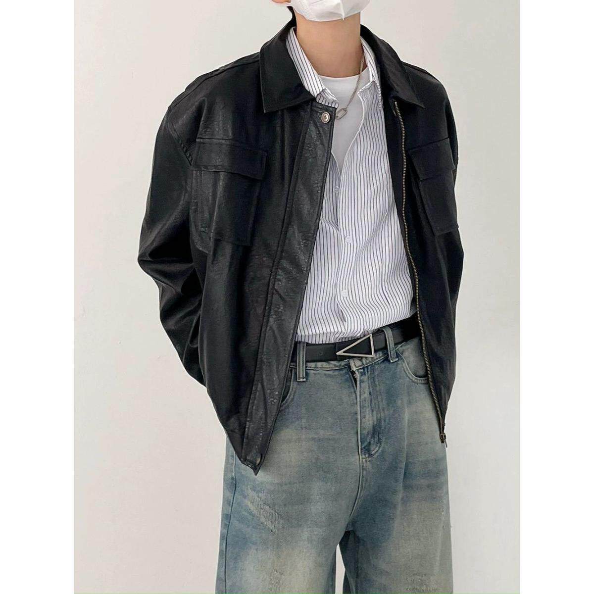 1506A/GW6370/P70痞帅Pu皮衣潮牌垫肩皮夹克男机车服秋冬高街外套图片
