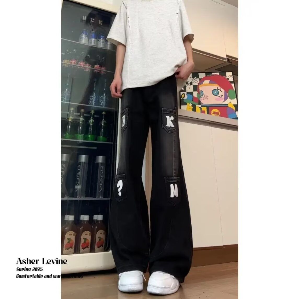 1506A/G11810/P47印花口袋弯刀装牛仔裤宽松阔腿长裤2，女装牛仔裤，星座1506A