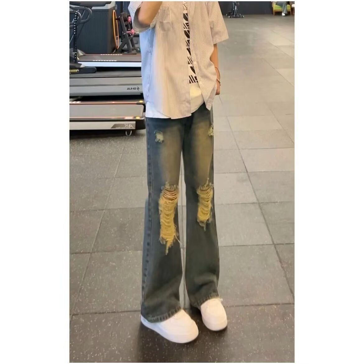 1506A/Q1250/P45浅色潮酷大破洞阔腿裤小个子宽松拖地乞丐牛仔裤,男装牛仔裤,星座1506A