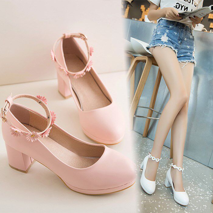 2019 Spring new pattern Middle heel Single shoes Round Shallow mouth Pink High-heeled shoes Word buckle With crude white Women's Shoesin the Women's Shoes, Low shoes  category - from Buy2taobao.com to provide professional Taobao agent buy service
