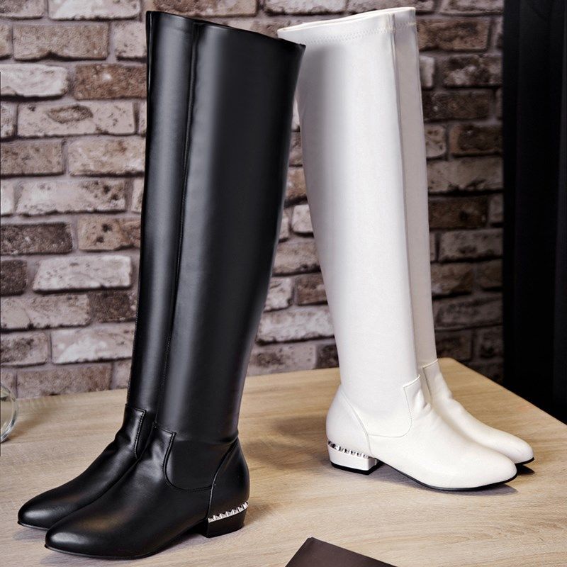 冬长靴女百搭直筒弹力皮靴高筒白色黑色过膝靴子瘦腿尖头平底低跟