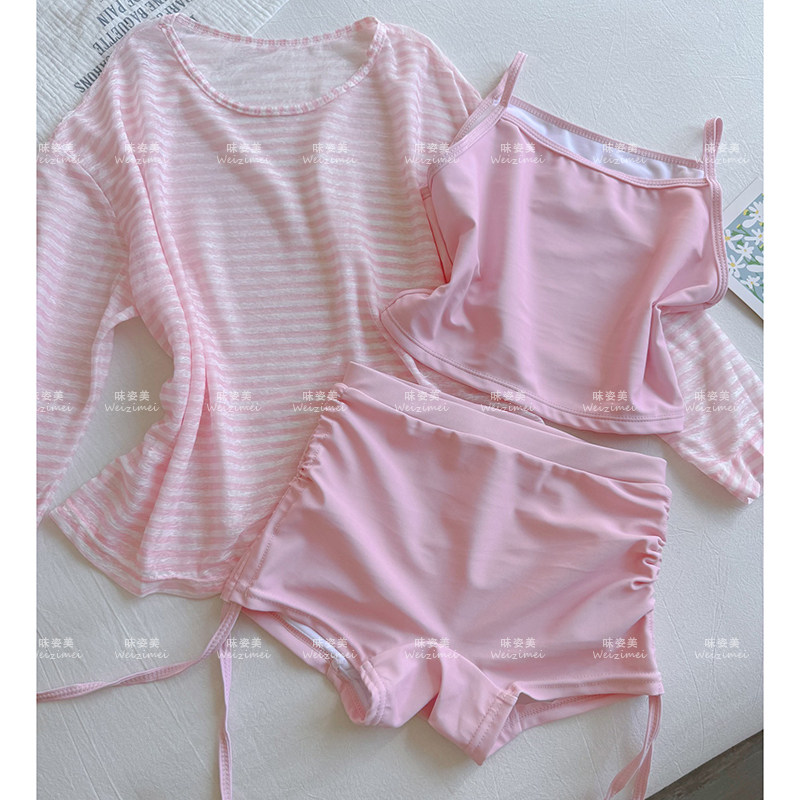 新款儿童泳衣女童女孩中小童分体三件套罩衫防晒长袖时尚沙滩泳装