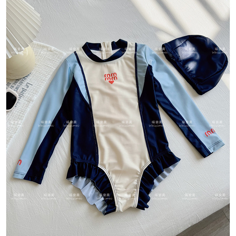 女童夏季新款甜美连体长袖泳衣防晒中小童女宝海边度假游泳衣时髦